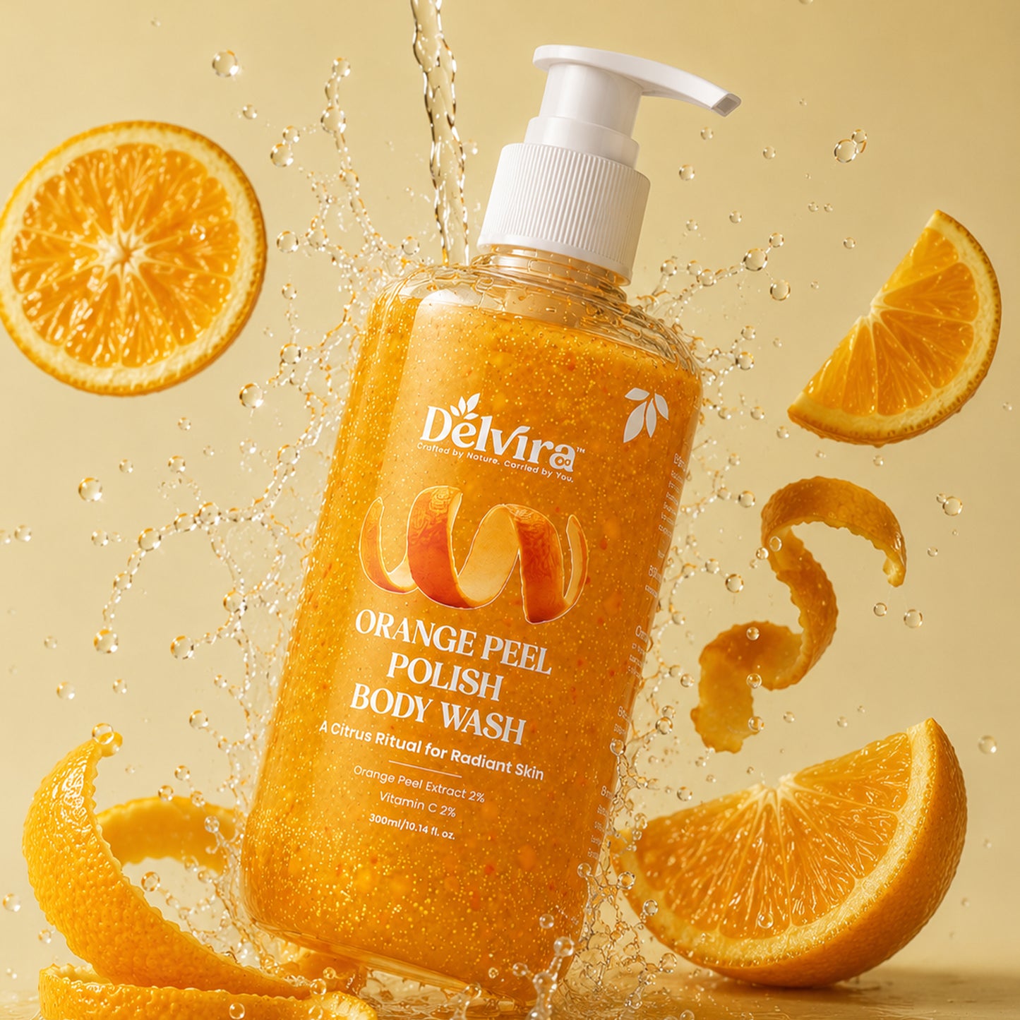Delvira Orange Peel D-Tan Polish Body Wash with Orange Peel Extract & Vitamin C, Gentle Cleansing Formula, Refreshing Citrus Fragrance, Moisturizing Glycerin, Daily Shower Gel for Men & Women, 300ml