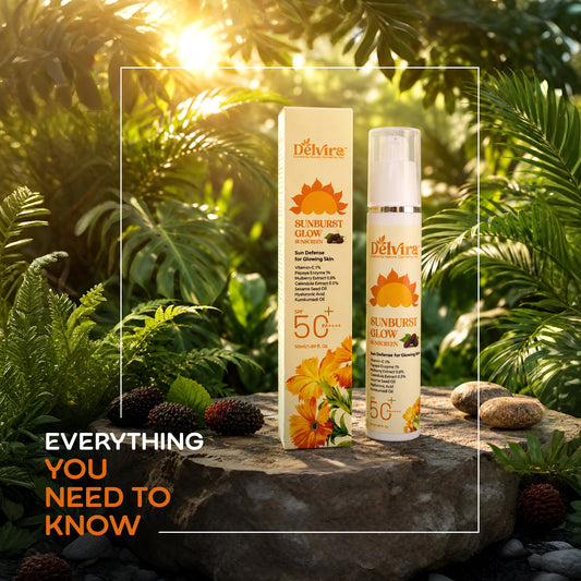 Delvira Sunburst Glow Sunscreen with Vitamin C, Hyaluronic Acid, Mulberry Extract & Kumkumadi Oil | Lightweight Daily Sun Protection for All Skin Types | Hydrating UV Defense Cream - 50 gm