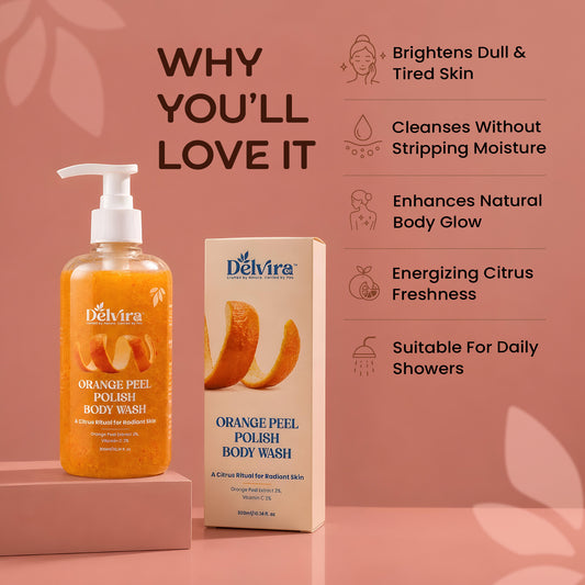 Delvira Orange Peel D-Tan Polish Body Wash with Orange Peel Extract & Vitamin C, Gentle Cleansing Formula, Refreshing Citrus Fragrance, Moisturizing Glycerin, Daily Shower Gel for Men & Women, 300ml
