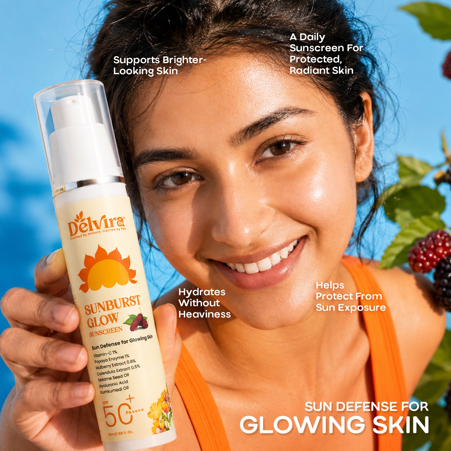 Delvira Sunburst Glow Sunscreen with Vitamin C, Hyaluronic Acid, Mulberry Extract & Kumkumadi Oil | Lightweight Daily Sun Protection for All Skin Types | Hydrating UV Defense Cream - 50 gm