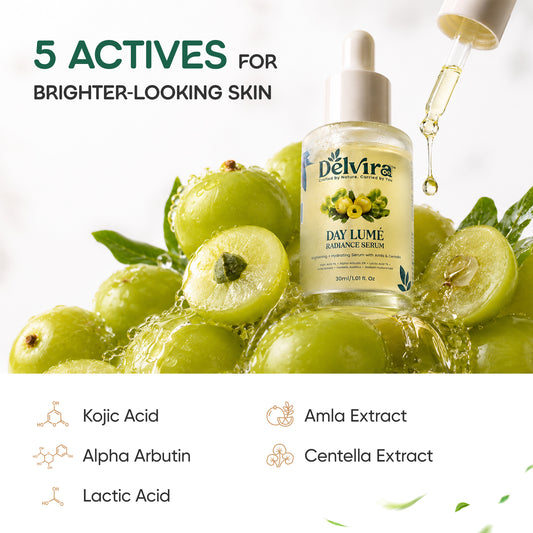 Delvira Day Lume Radiance Defence Serum with Kojic Acid, Alpha Arbutin, Lactic Acid, Amla & Centella Asiatica | Brightening Hydrating Face Care for Even Tone & Daily Moisture | 30ml