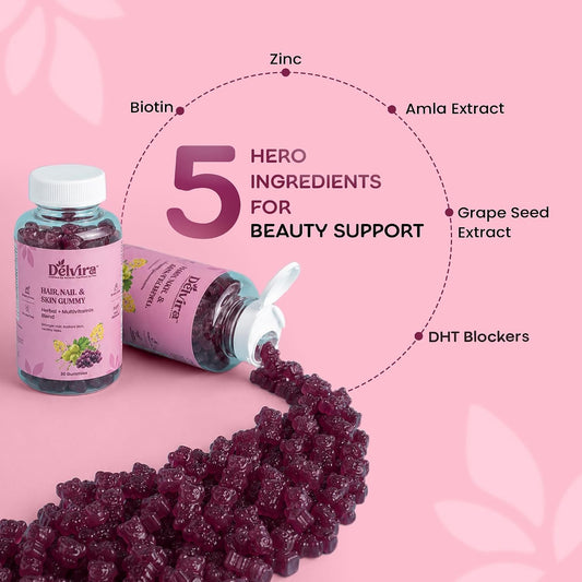 Delvira Hair Nail & Skin Gummies for Women & Men | Herbal Multivitamin Blend with Biotin, Hyaluronic Acid, Zinc, Vitamins A C D E B Complex | Mix Berry Flavour | 30 Gummies