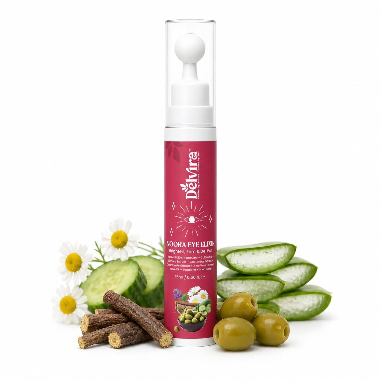 Delvira Noora Eye Elixir Under Eye Cream with Retinol, Bakuchi & Caffeine for Dark Circles, Puffiness, Fine Lines, Hydration & Firming Care, Brighten De-Puff Formula, 15ml