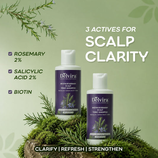 Delvira Biotin Rosemary Scalp Tonic Shampoo with Rosemary, Salicylic Acid & Biotin | Clarifying Hair Wash for Oily Scalp, Flakes, Excess Oil & Buildup | Daily Care Formula for Men & Women - 250 ml