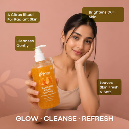 Delvira Orange Peel D-Tan Polish Body Wash with Orange Peel Extract & Vitamin C, Gentle Cleansing Formula, Refreshing Citrus Fragrance, Moisturizing Glycerin, Daily Shower Gel for Men & Women, 300ml