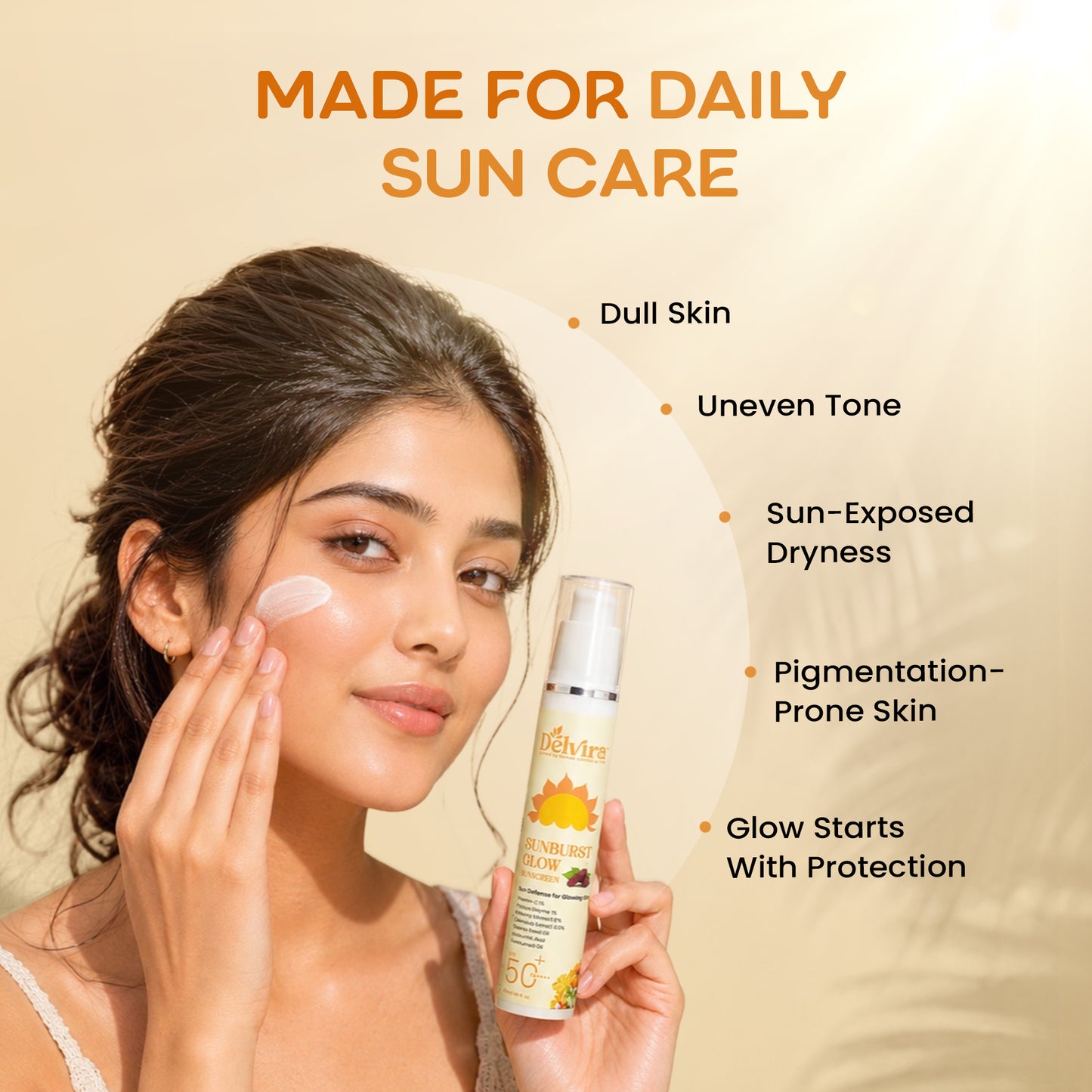 Delvira Sunburst Glow Sunscreen with Vitamin C, Hyaluronic Acid, Mulberry Extract & Kumkumadi Oil | Lightweight Daily Sun Protection for All Skin Types | Hydrating UV Defense Cream - 50 gm