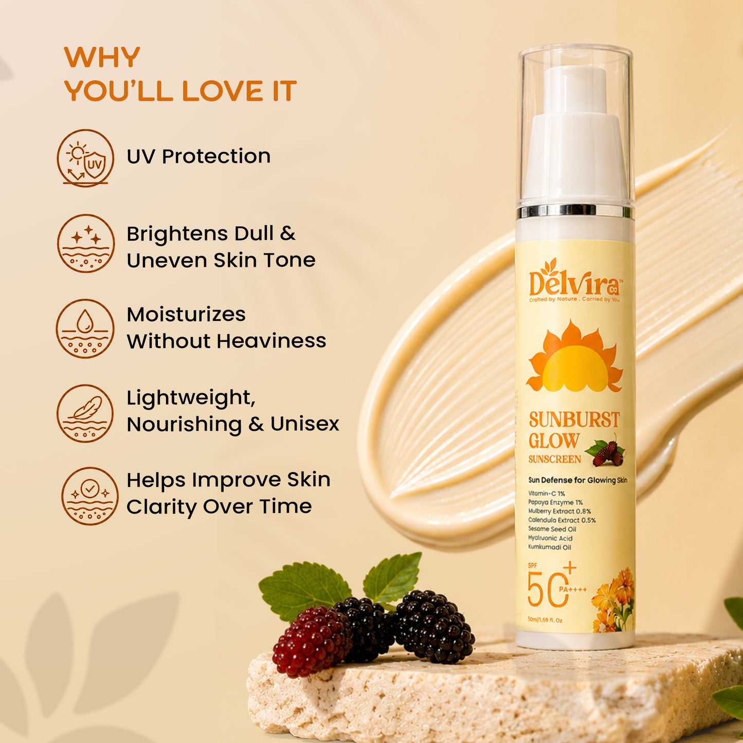 Delvira Sunburst Glow Sunscreen with Vitamin C, Hyaluronic Acid, Mulberry Extract & Kumkumadi Oil | Lightweight Daily Sun Protection for All Skin Types | Hydrating UV Defense Cream - 50 gm
