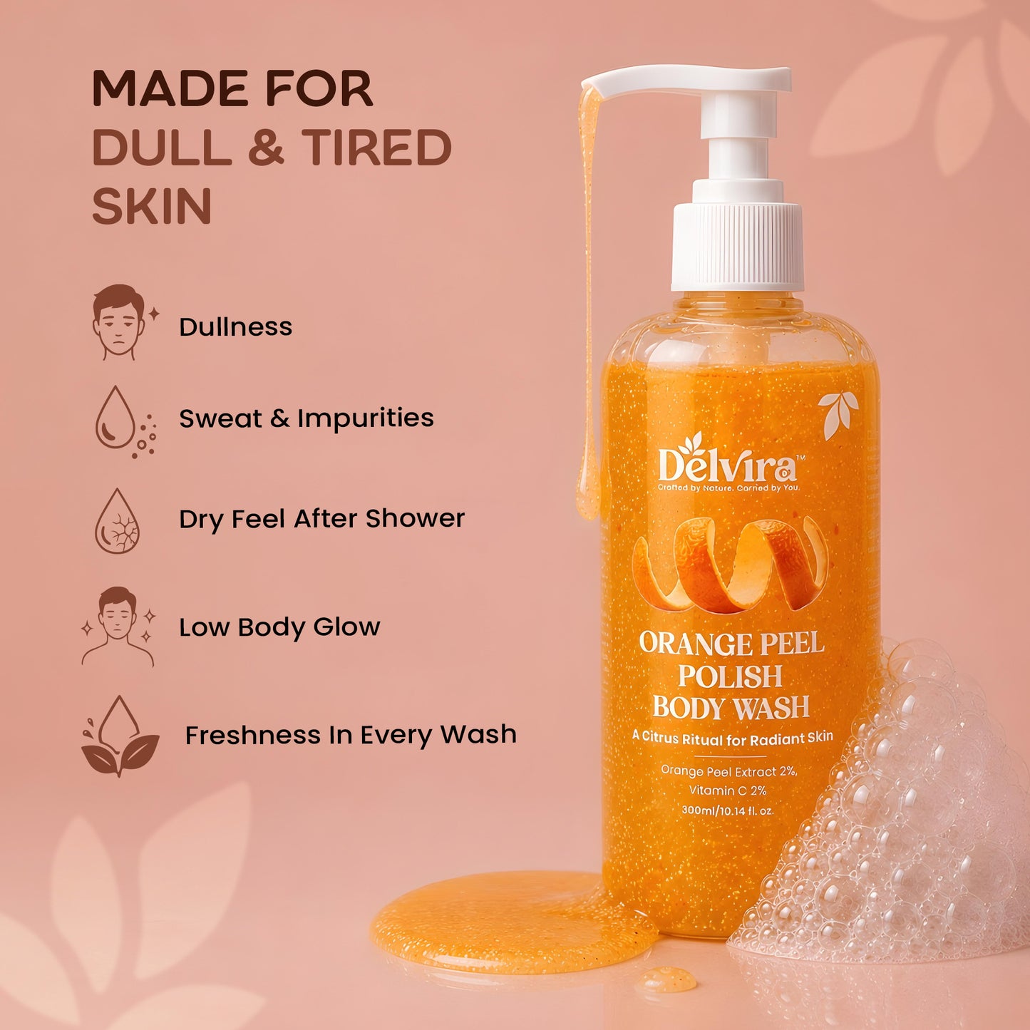 Delvira Orange Peel D-Tan Polish Body Wash with Orange Peel Extract & Vitamin C, Gentle Cleansing Formula, Refreshing Citrus Fragrance, Moisturizing Glycerin, Daily Shower Gel for Men & Women, 300ml