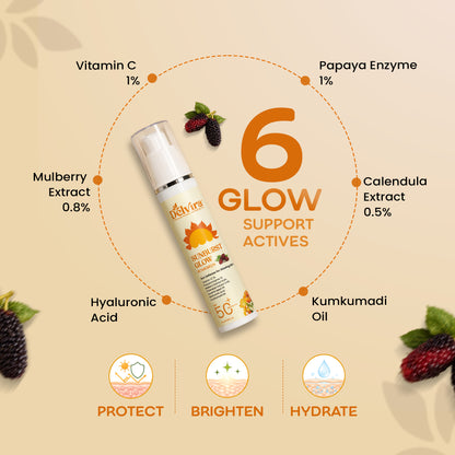 Delvira Sunburst Glow Sunscreen with Vitamin C, Hyaluronic Acid, Mulberry Extract & Kumkumadi Oil | Lightweight Daily Sun Protection for All Skin Types | Hydrating UV Defense Cream - 50 gm