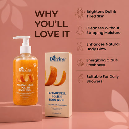 Delvira Orange Peel D-Tan Polish Body Wash with Orange Peel Extract & Vitamin C, Gentle Cleansing Formula, Refreshing Citrus Fragrance, Moisturizing Glycerin, Daily Shower Gel for Men & Women, 300ml