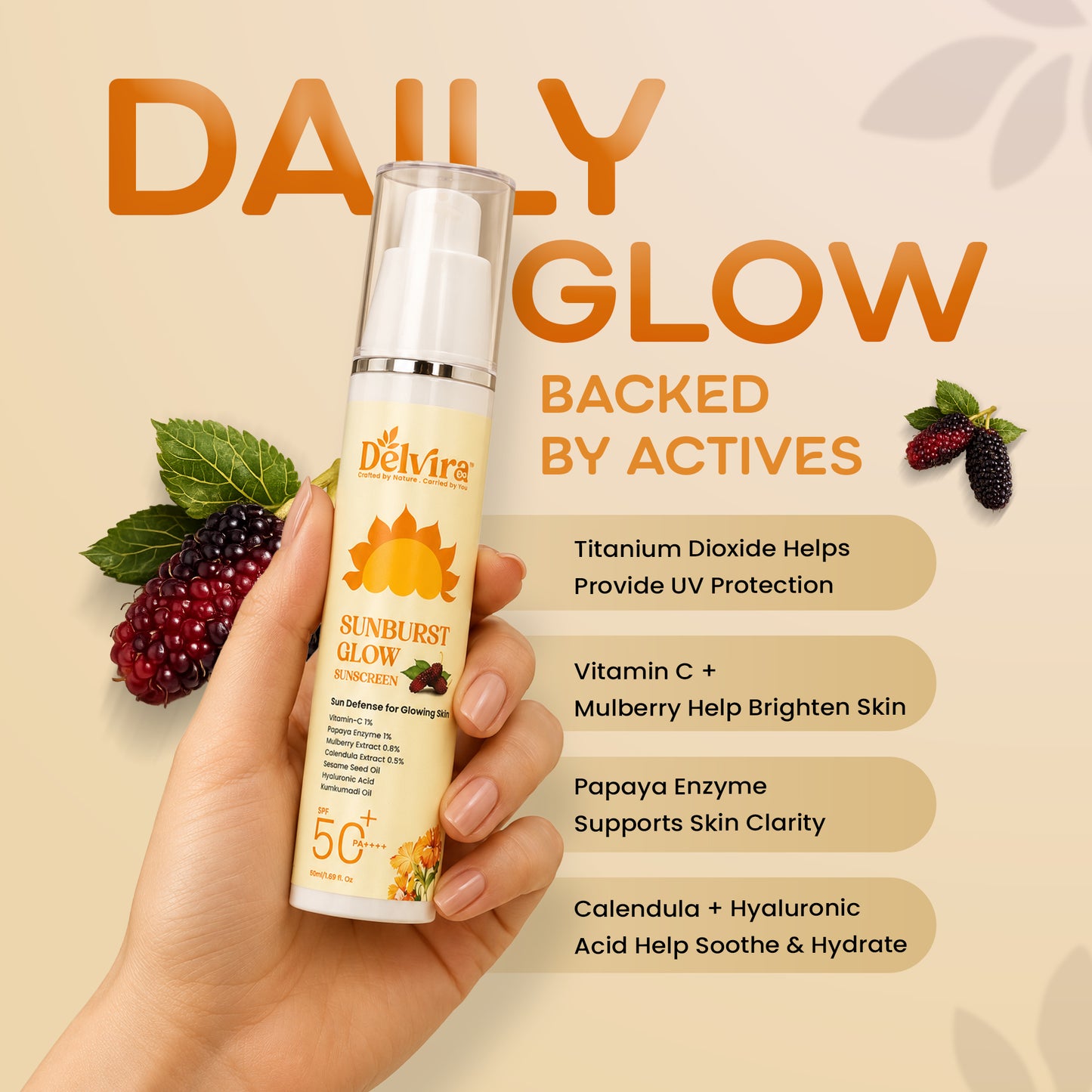 Delvira Sunburst Glow Sunscreen with Vitamin C, Hyaluronic Acid, Mulberry Extract & Kumkumadi Oil | Lightweight Daily Sun Protection for All Skin Types | Hydrating UV Defense Cream - 50 gm