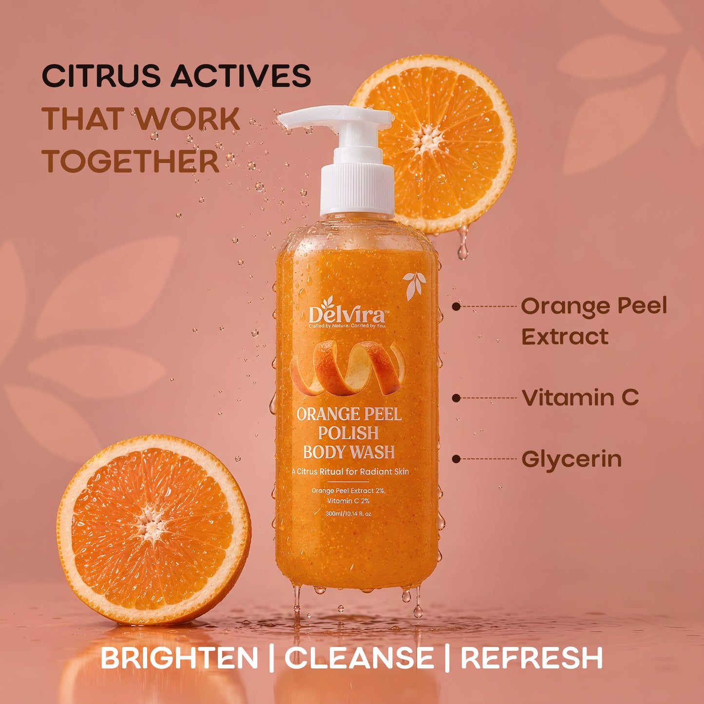 Delvira Orange Peel D-Tan Polish Body Wash with Orange Peel Extract & Vitamin C, Gentle Cleansing Formula, Refreshing Citrus Fragrance, Moisturizing Glycerin, Daily Shower Gel for Men & Women, 300ml