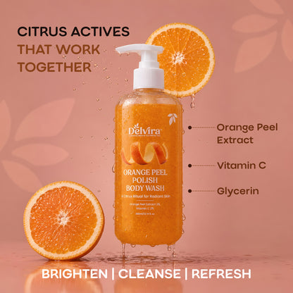 Delvira Orange Peel D-Tan Polish Body Wash with Orange Peel Extract & Vitamin C, Gentle Cleansing Formula, Refreshing Citrus Fragrance, Moisturizing Glycerin, Daily Shower Gel for Men & Women, 300ml