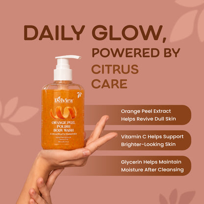 Delvira Orange Peel D-Tan Polish Body Wash with Orange Peel Extract & Vitamin C, Gentle Cleansing Formula, Refreshing Citrus Fragrance, Moisturizing Glycerin, Daily Shower Gel for Men & Women, 300ml
