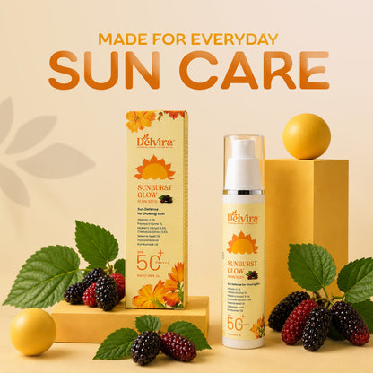 Delvira Sunburst Glow Sunscreen with Vitamin C, Hyaluronic Acid, Mulberry Extract & Kumkumadi Oil | Lightweight Daily Sun Protection for All Skin Types | Hydrating UV Defense Cream - 50 gm