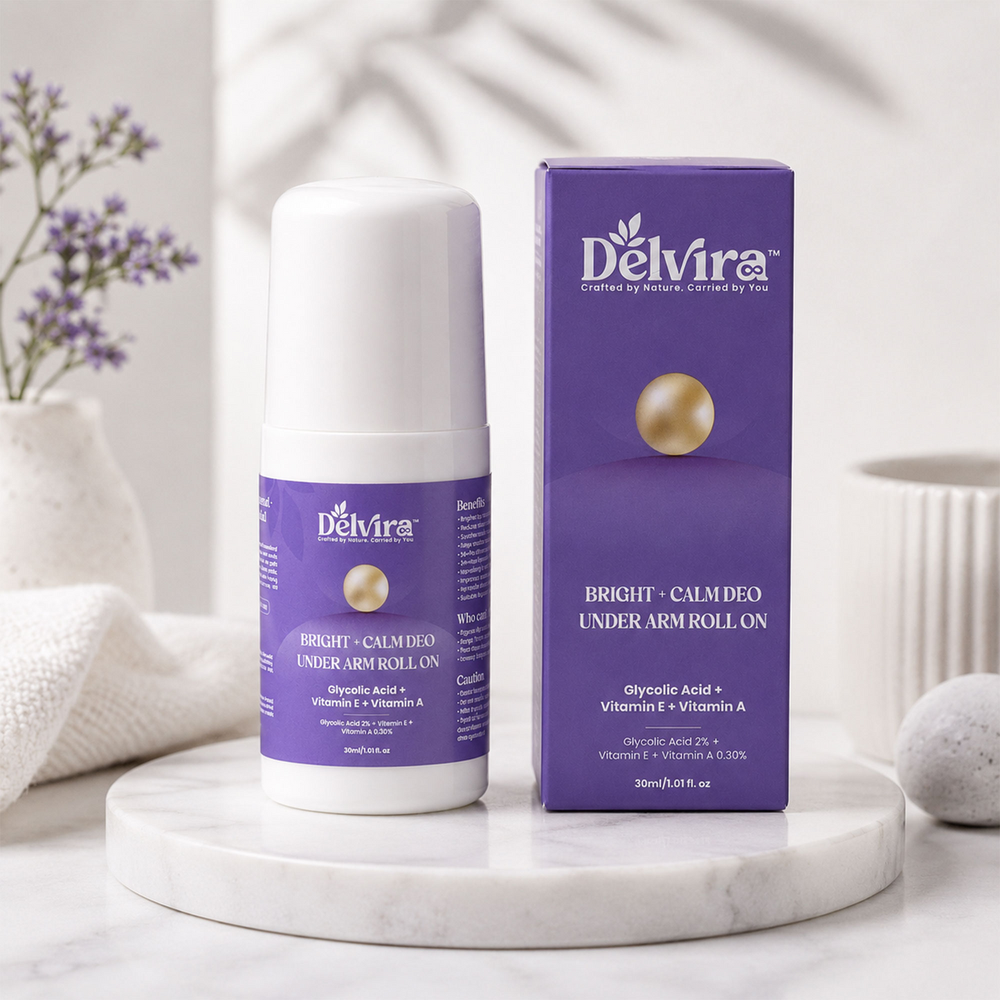 Delvira Bright + Calm Deo Underarm Roll On with Lactic Acid, Glycolic Acid, Retinol & Vitamin E | Underarm Care for Smoother Skin, Uneven Tone, Daily Freshness | 30 ml