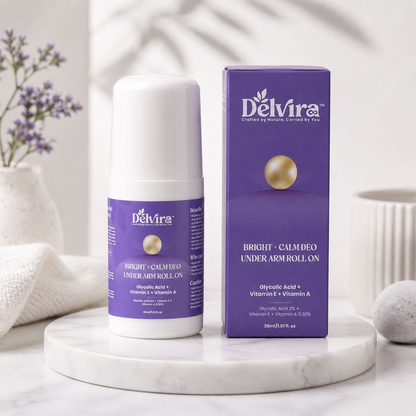Delvira Bright + Calm Deo Underarm Roll On with Lactic Acid, Glycolic Acid, Retinol & Vitamin E | Underarm Care for Smoother Skin, Uneven Tone, Daily Freshness | 30 ml