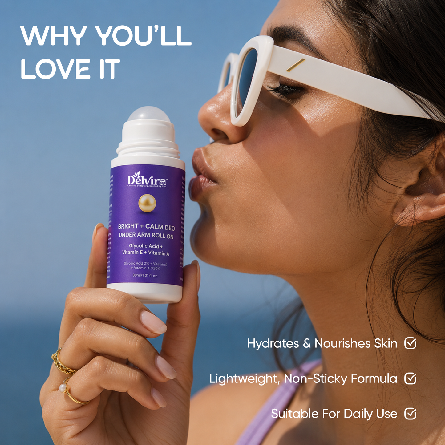 Delvira Bright + Calm Deo Underarm Roll On with Lactic Acid, Glycolic Acid, Retinol & Vitamin E | Underarm Care for Smoother Skin, Uneven Tone, Daily Freshness | 30 ml