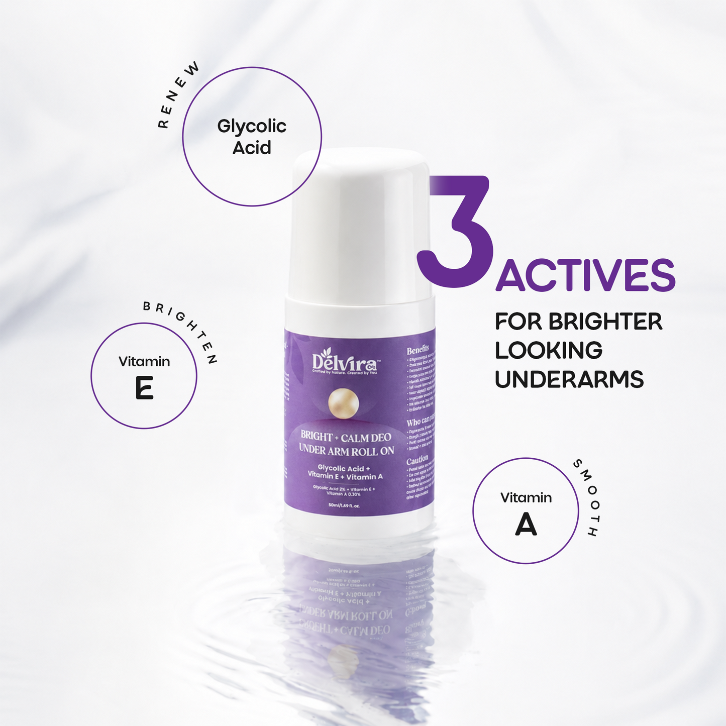 Delvira Bright + Calm Deo Underarm Roll On with Lactic Acid, Glycolic Acid, Retinol & Vitamin E | Underarm Care for Smoother Skin, Uneven Tone, Daily Freshness | 30 ml