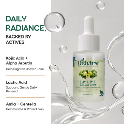 Delvira Day Lume Radiance Defence Serum with Kojic Acid, Alpha Arbutin, Lactic Acid, Amla & Centella Asiatica | Brightening Hydrating Face Care for Even Tone & Daily Moisture | 30ml