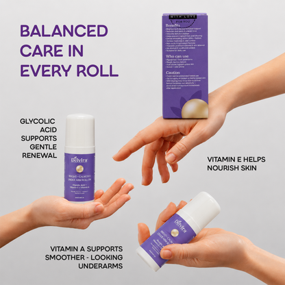 Delvira Bright + Calm Deo Underarm Roll On with Lactic Acid, Glycolic Acid, Retinol & Vitamin E | Underarm Care for Smoother Skin, Uneven Tone, Daily Freshness | 30 ml