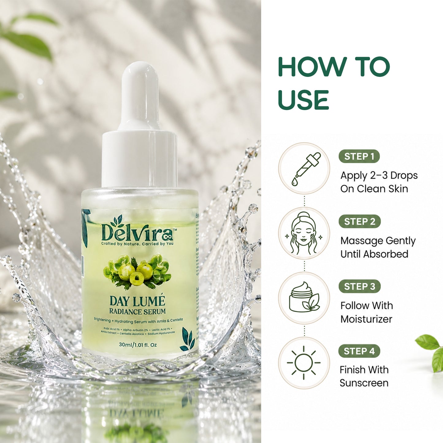 Delvira Day Lume Radiance Defence Serum with Kojic Acid, Alpha Arbutin, Lactic Acid, Amla & Centella Asiatica | Brightening Hydrating Face Care for Even Tone & Daily Moisture | 30ml