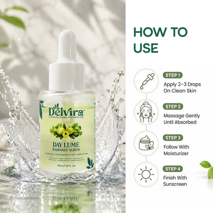 Delvira Day Lume Radiance Defence Serum with Kojic Acid, Alpha Arbutin, Lactic Acid, Amla & Centella Asiatica | Brightening Hydrating Face Care for Even Tone & Daily Moisture | 30ml