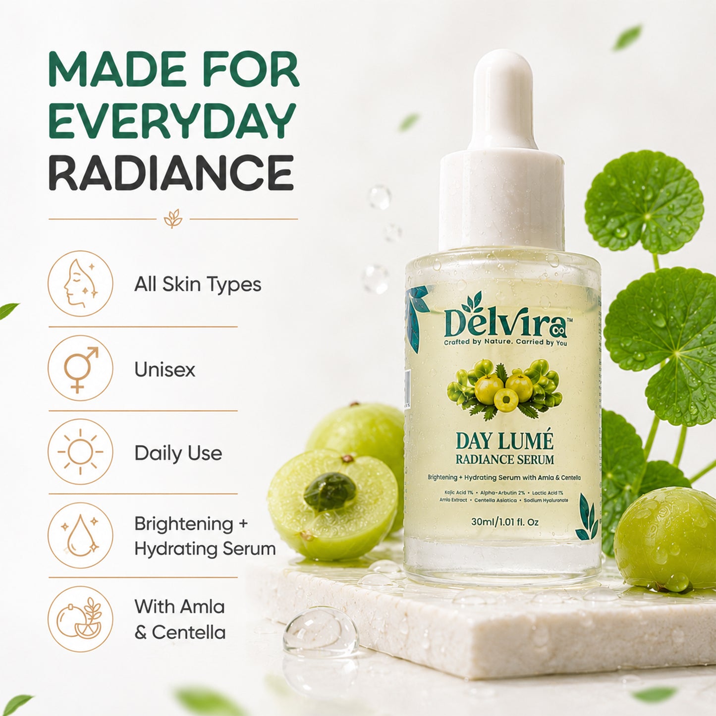 Delvira Day Lume Radiance Defence Serum with Kojic Acid, Alpha Arbutin, Lactic Acid, Amla & Centella Asiatica | Brightening Hydrating Face Care for Even Tone & Daily Moisture | 30ml