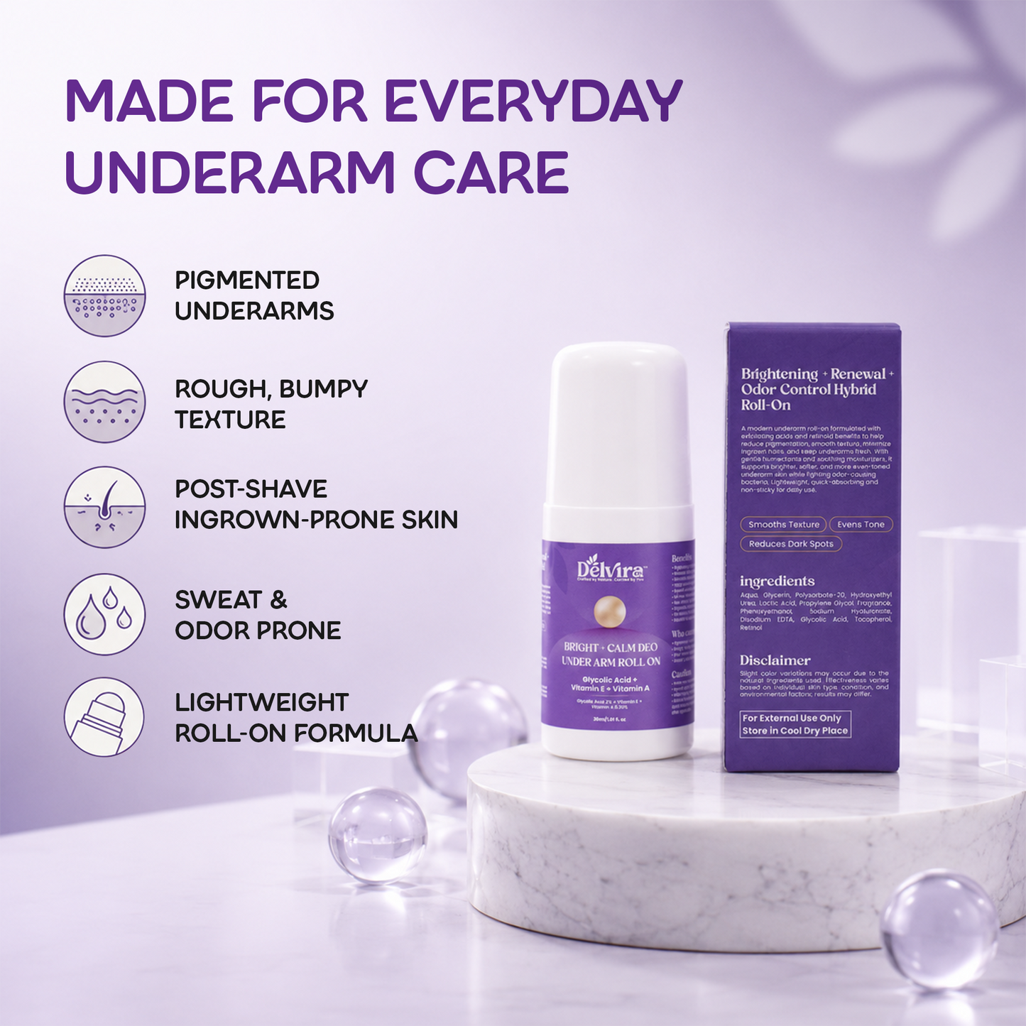 Delvira Bright + Calm Deo Underarm Roll On with Lactic Acid, Glycolic Acid, Retinol & Vitamin E | Underarm Care for Smoother Skin, Uneven Tone, Daily Freshness | 30 ml