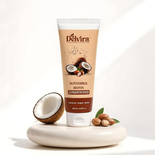 Delvira Botanisilk Biotin Strength Conditioner with Coconut Oil & Argan Oil for Dry Damaged Hair, Lightweight Formula for Frizz Control, Softness, Shine & Easy Detangling, Daily Care, 100 ml