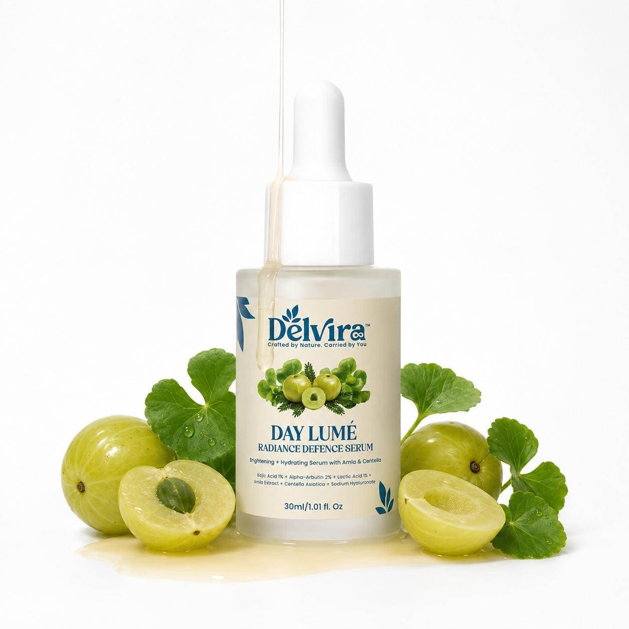 Delvira Day Lume Radiance Defence Serum with Kojic Acid, Alpha Arbutin, Lactic Acid, Amla & Centella Asiatica | Brightening Hydrating Face Care for Even Tone & Daily Moisture | 30ml
