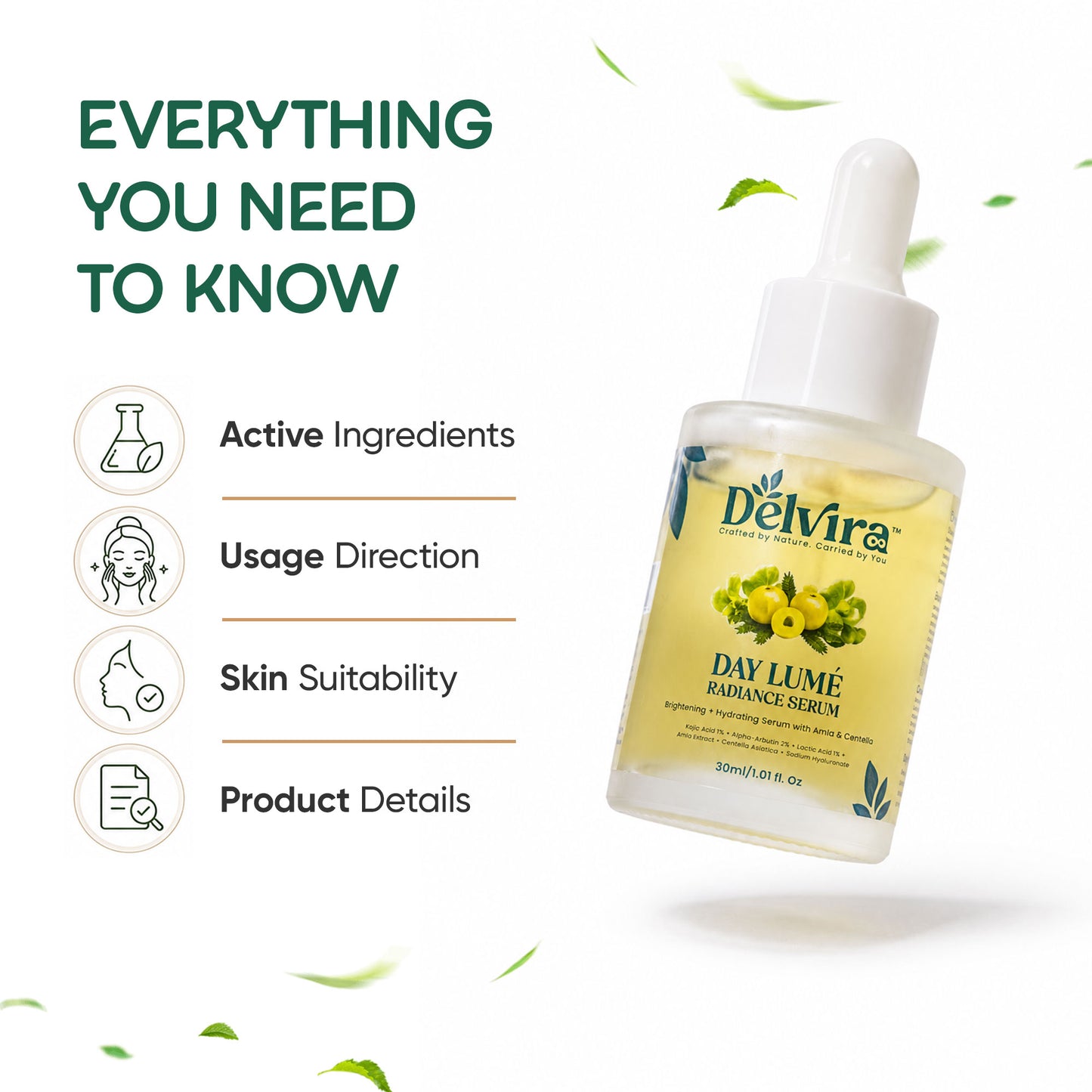 Delvira Day Lume Radiance Defence Serum with Kojic Acid, Alpha Arbutin, Lactic Acid, Amla & Centella Asiatica | Brightening Hydrating Face Care for Even Tone & Daily Moisture | 30ml