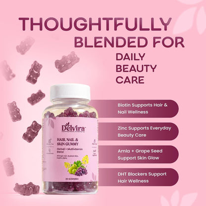 Delvira Hair Nail & Skin Gummies for Women & Men | Herbal Multivitamin Blend with Biotin, Hyaluronic Acid, Zinc, Vitamins A C D E B Complex | Mix Berry Flavour | 30 Gummies