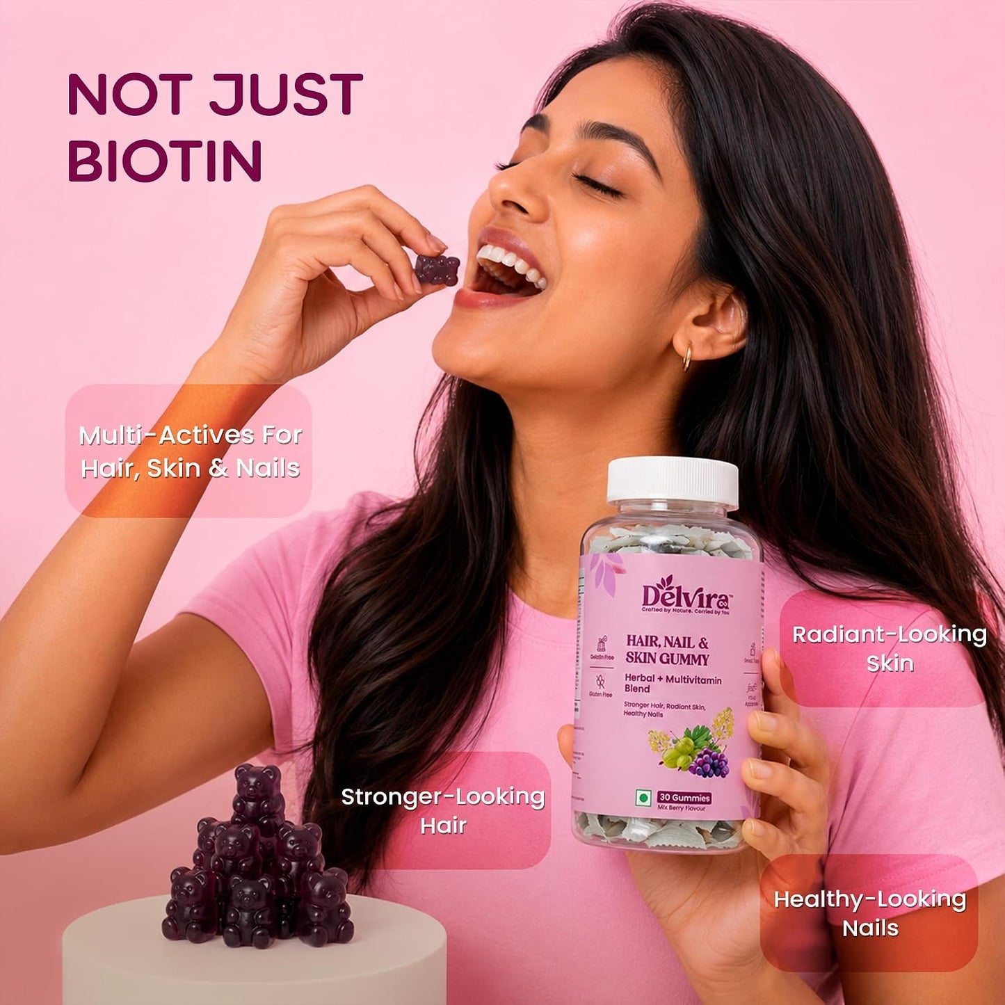Delvira Hair Nail & Skin Gummies for Women & Men | Herbal Multivitamin Blend with Biotin, Hyaluronic Acid, Zinc, Vitamins A C D E B Complex | Mix Berry Flavour | 30 Gummies