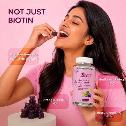 Delvira Hair Nail & Skin Gummies for Women & Men | Herbal Multivitamin Blend with Biotin, Hyaluronic Acid, Zinc, Vitamins A C D E B Complex | Mix Berry Flavour | 30 Gummies