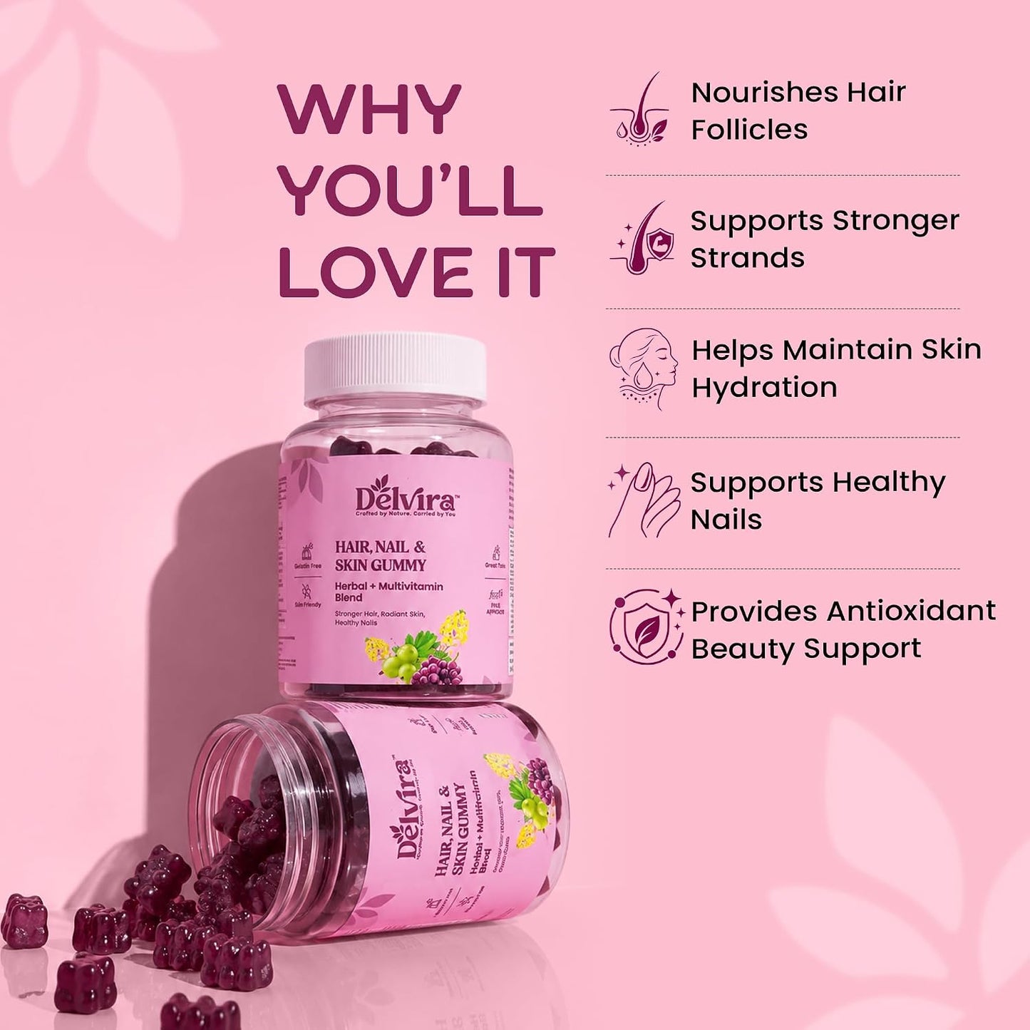 Delvira Hair Nail & Skin Gummies for Women & Men | Herbal Multivitamin Blend with Biotin, Hyaluronic Acid, Zinc, Vitamins A C D E B Complex | Mix Berry Flavour | 30 Gummies