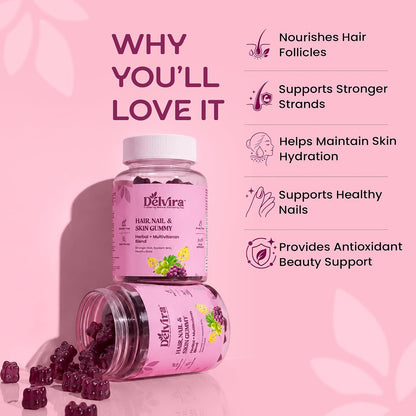 Delvira Hair Nail & Skin Gummies for Women & Men | Herbal Multivitamin Blend with Biotin, Hyaluronic Acid, Zinc, Vitamins A C D E B Complex | Mix Berry Flavour | 30 Gummies