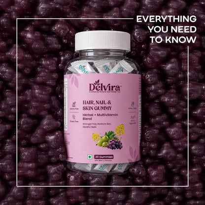 Delvira Hair Nail & Skin Gummies for Women & Men | Herbal Multivitamin Blend with Biotin, Hyaluronic Acid, Zinc, Vitamins A C D E B Complex | Mix Berry Flavour | 30 Gummies