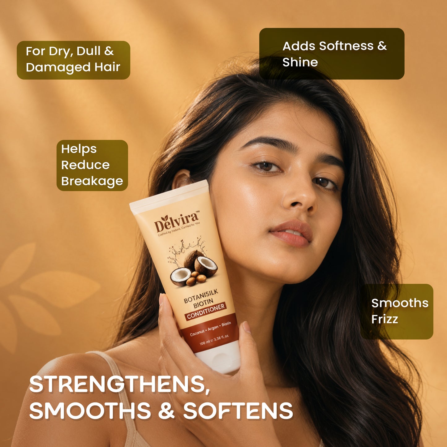 Delvira Botanisilk Biotin Strength Conditioner with Coconut Oil & Argan Oil for Dry Damaged Hair, Lightweight Formula for Frizz Control, Softness, Shine & Easy Detangling, Daily Care, 100 ml