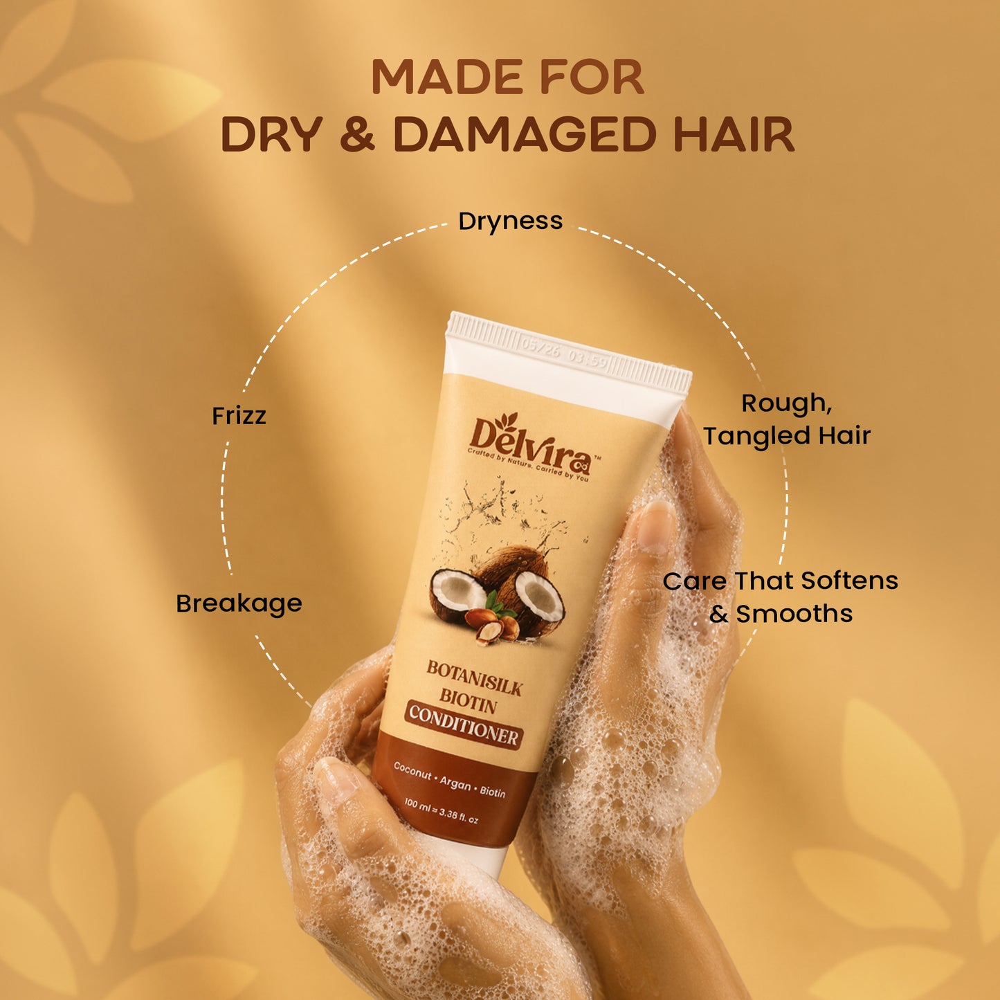 Delvira Botanisilk Biotin Strength Conditioner with Coconut Oil & Argan Oil for Dry Damaged Hair, Lightweight Formula for Frizz Control, Softness, Shine & Easy Detangling, Daily Care, 100 ml