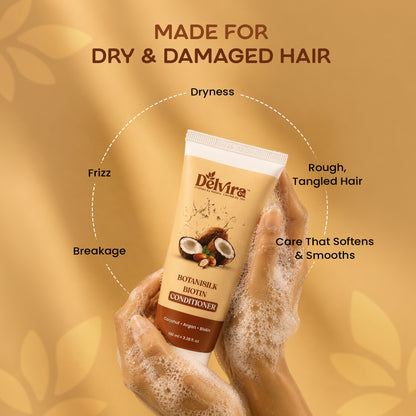 Delvira Botanisilk Biotin Strength Conditioner with Coconut Oil & Argan Oil for Dry Damaged Hair, Lightweight Formula for Frizz Control, Softness, Shine & Easy Detangling, Daily Care, 100 ml