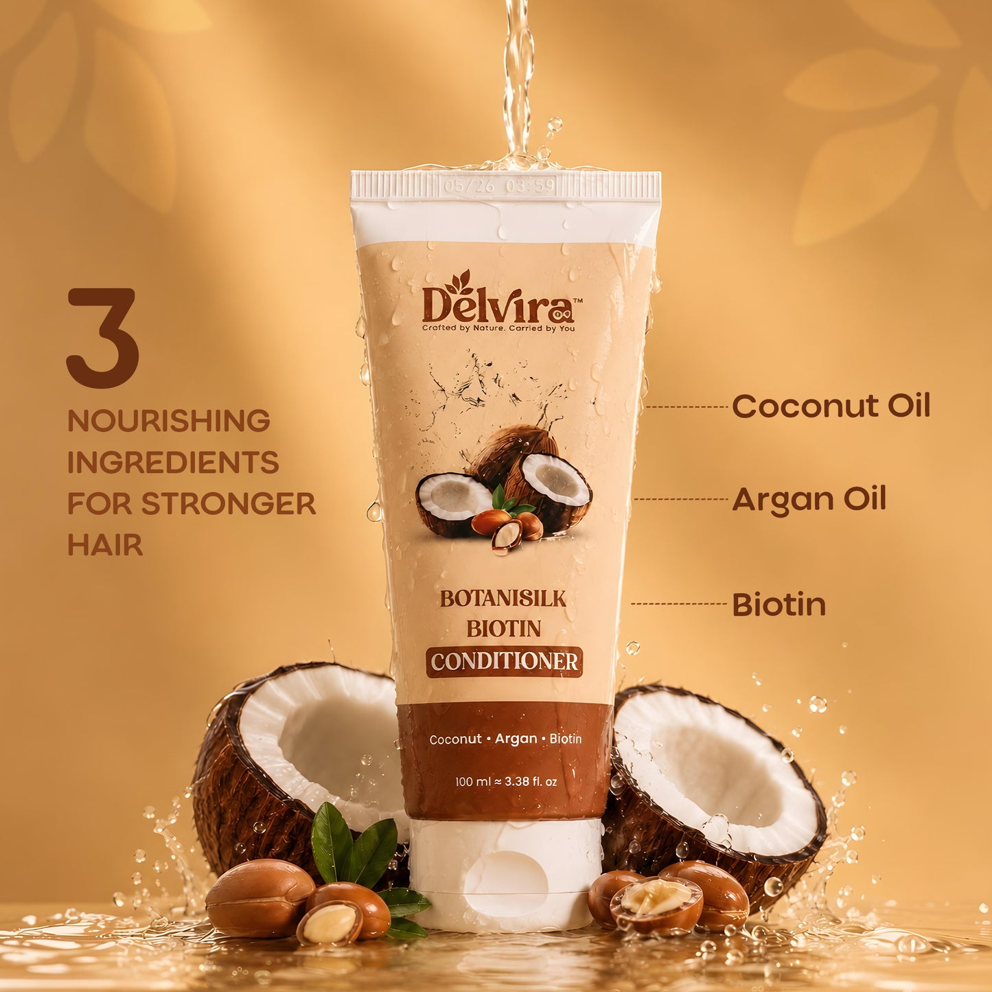 Delvira Botanisilk Biotin Strength Conditioner with Coconut Oil & Argan Oil for Dry Damaged Hair, Lightweight Formula for Frizz Control, Softness, Shine & Easy Detangling, Daily Care, 100 ml