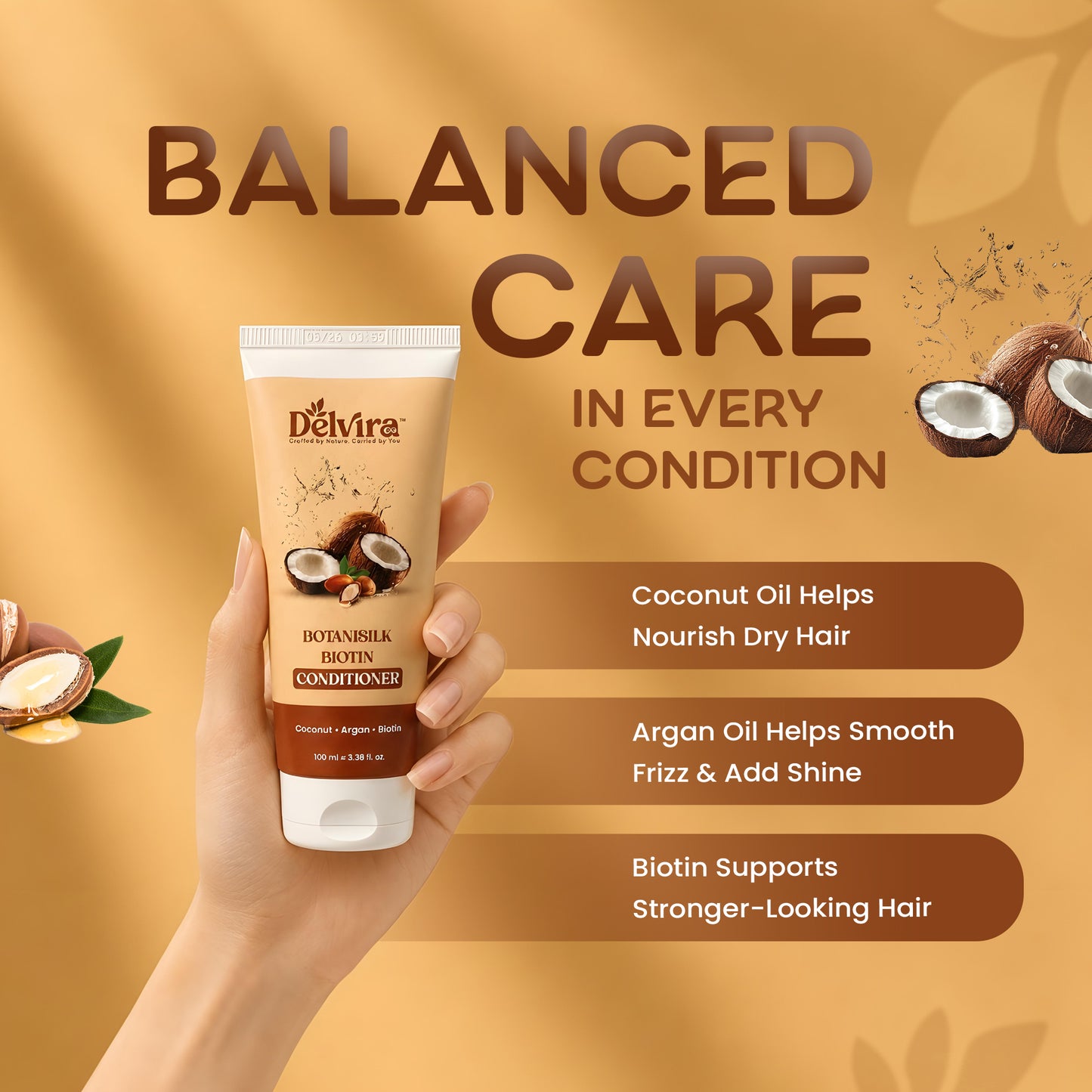 Delvira Botanisilk Biotin Strength Conditioner with Coconut Oil & Argan Oil for Dry Damaged Hair, Lightweight Formula for Frizz Control, Softness, Shine & Easy Detangling, Daily Care, 100 ml