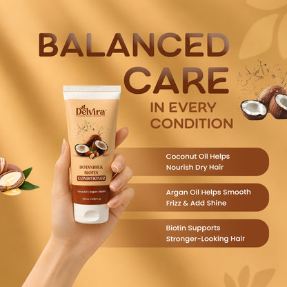 Delvira Botanisilk Biotin Strength Conditioner with Coconut Oil & Argan Oil for Dry Damaged Hair, Lightweight Formula for Frizz Control, Softness, Shine & Easy Detangling, Daily Care, 100 ml