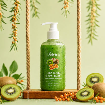 Delvira Sea Buck & Kiwi Burst Body Wash | Sea Buckthorn & Kiwi Extract with Cucumber and Panthenol | Fruit-Powered Brightening Shower Gel | Hydrating Daily Cleanser for Men & Women | All Skin Types | 300 ml
