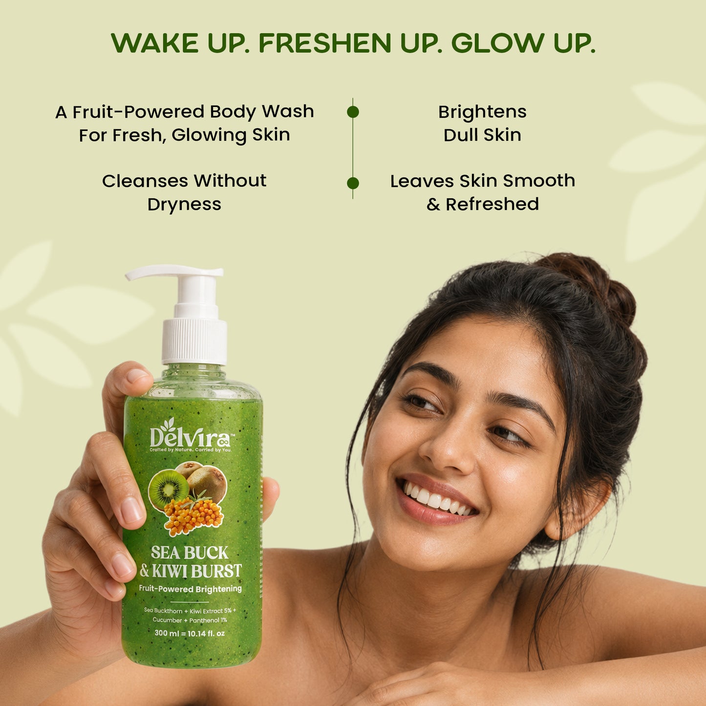Delvira Sea Buck & Kiwi Burst Body Wash | Sea Buckthorn & Kiwi Extract with Cucumber and Panthenol | Fruit-Powered Brightening Shower Gel | Hydrating Daily Cleanser for Men & Women | All Skin Types | 300 ml