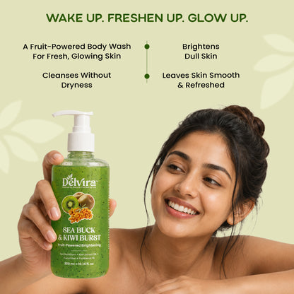 Delvira Sea Buck & Kiwi Burst Body Wash | Sea Buckthorn & Kiwi Extract with Cucumber and Panthenol | Fruit-Powered Brightening Shower Gel | Hydrating Daily Cleanser for Men & Women | All Skin Types | 300 ml