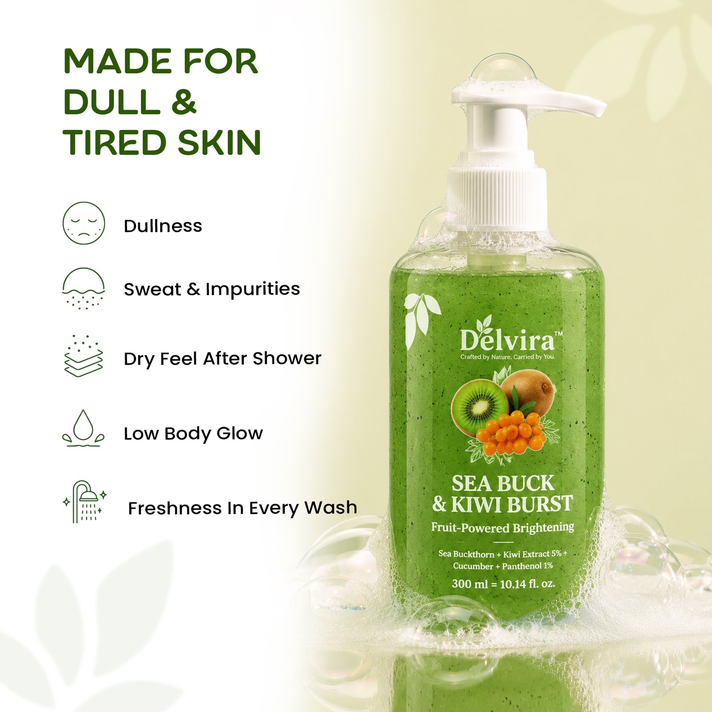 Delvira Sea Buck & Kiwi Burst Body Wash | Sea Buckthorn & Kiwi Extract with Cucumber and Panthenol | Fruit-Powered Brightening Shower Gel | Hydrating Daily Cleanser for Men & Women | All Skin Types | 300 ml