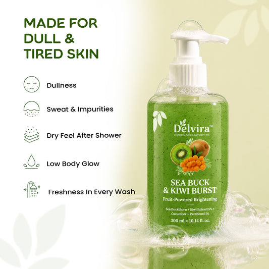 Delvira Sea Buck & Kiwi Burst Body Wash | Sea Buckthorn & Kiwi Extract with Cucumber and Panthenol | Fruit-Powered Brightening Shower Gel | Hydrating Daily Cleanser for Men & Women | All Skin Types | 300 ml