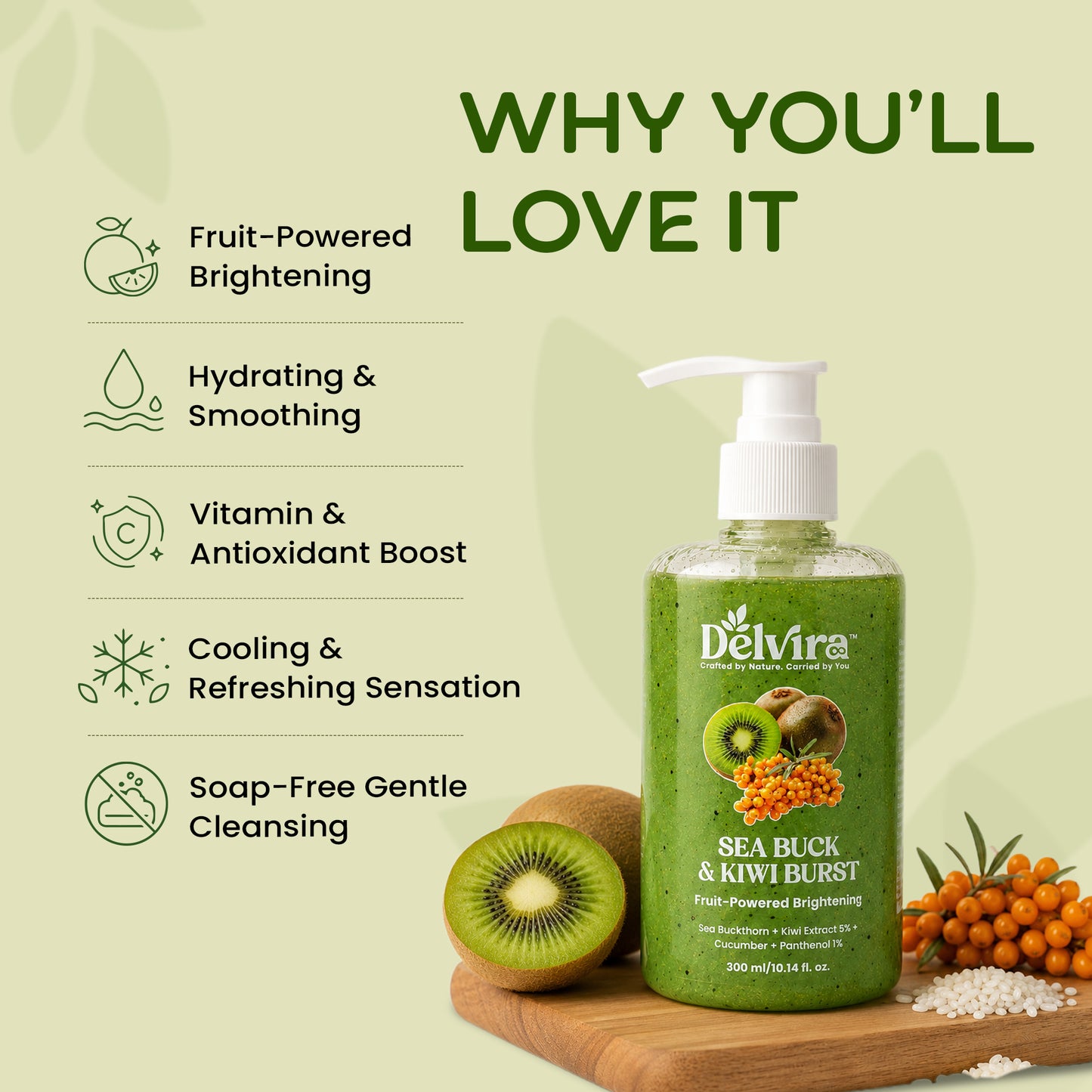 Delvira Sea Buck & Kiwi Burst Body Wash | Sea Buckthorn & Kiwi Extract with Cucumber and Panthenol | Fruit-Powered Brightening Shower Gel | Hydrating Daily Cleanser for Men & Women | All Skin Types | 300 ml